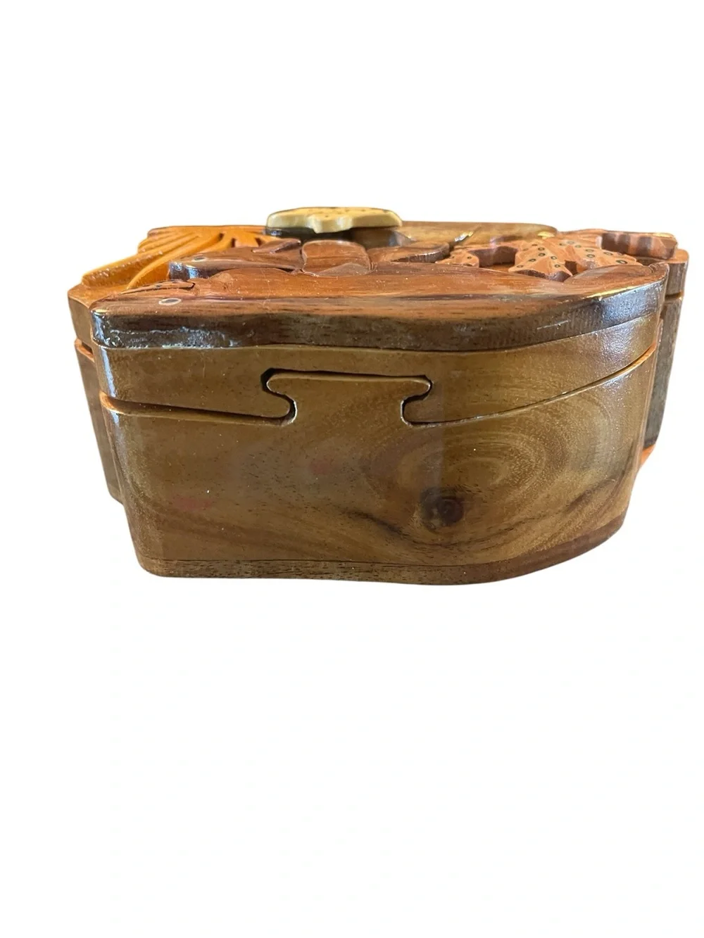 Carved Wooden Manatee Mom and Baby Calf Puzzle Treasure Stash Box Jewelry